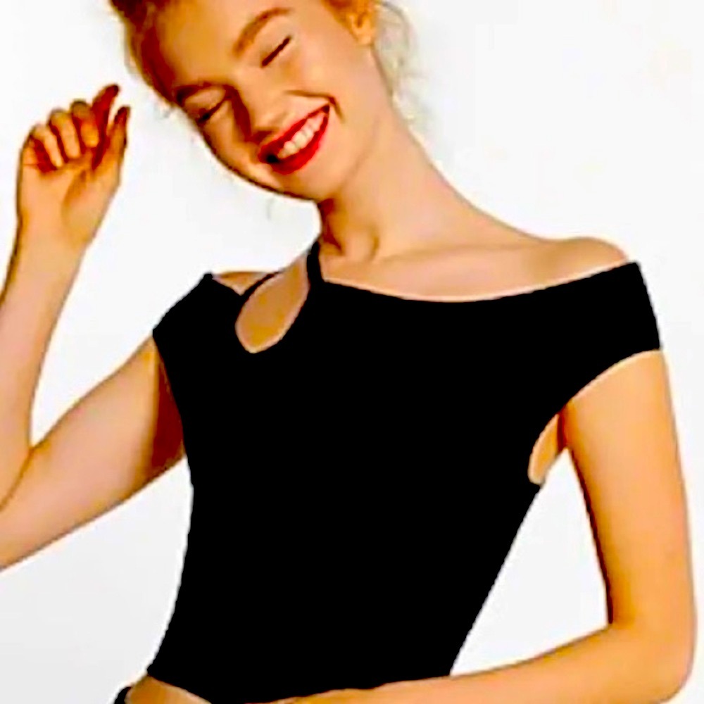 BY EXPRESS BLACK ASYMMETRICAL CROP TOP WITH SEXY OPEN SHOULDERS!